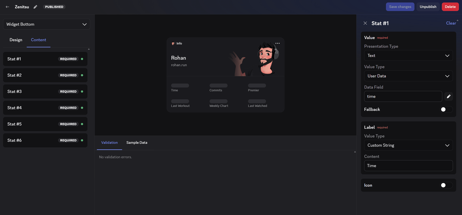 Widget with sample user data filled in